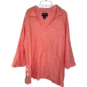 Tahari Women's 100% Linen Popover Red 3/4 Sleeve Top Buttons Plus Size 1X